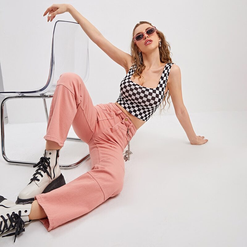

High Waist Slant Pocket Straight Jeans Without Chain, Coral pink