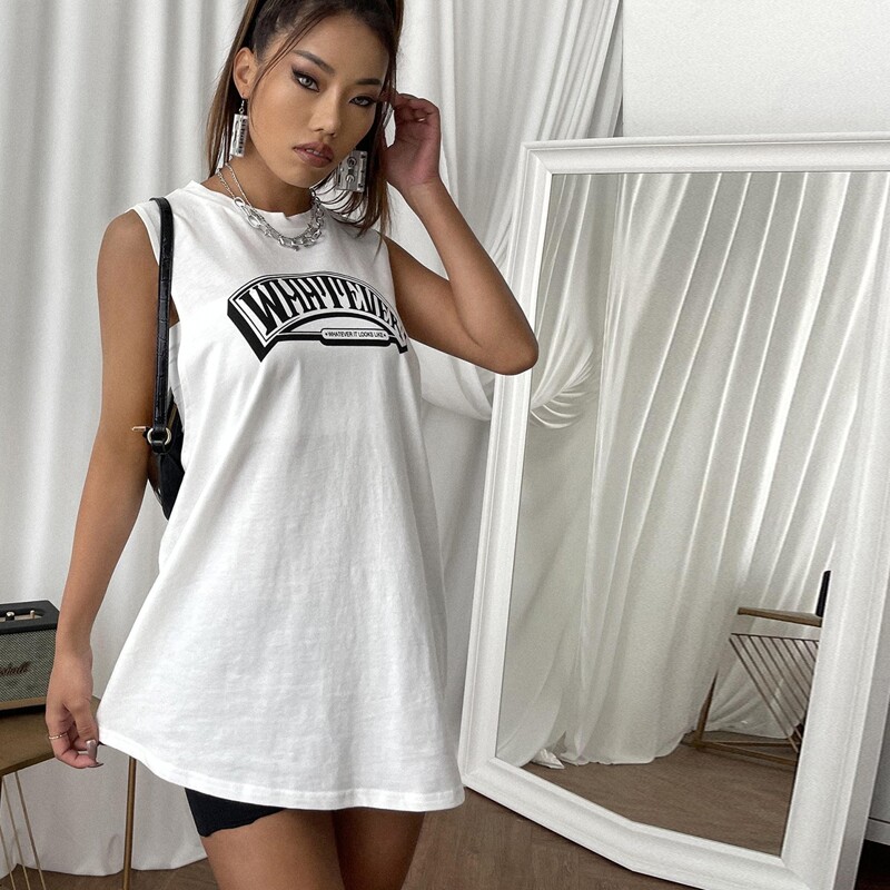 

Letter Graphic Drop Armhole Tank Top, White
