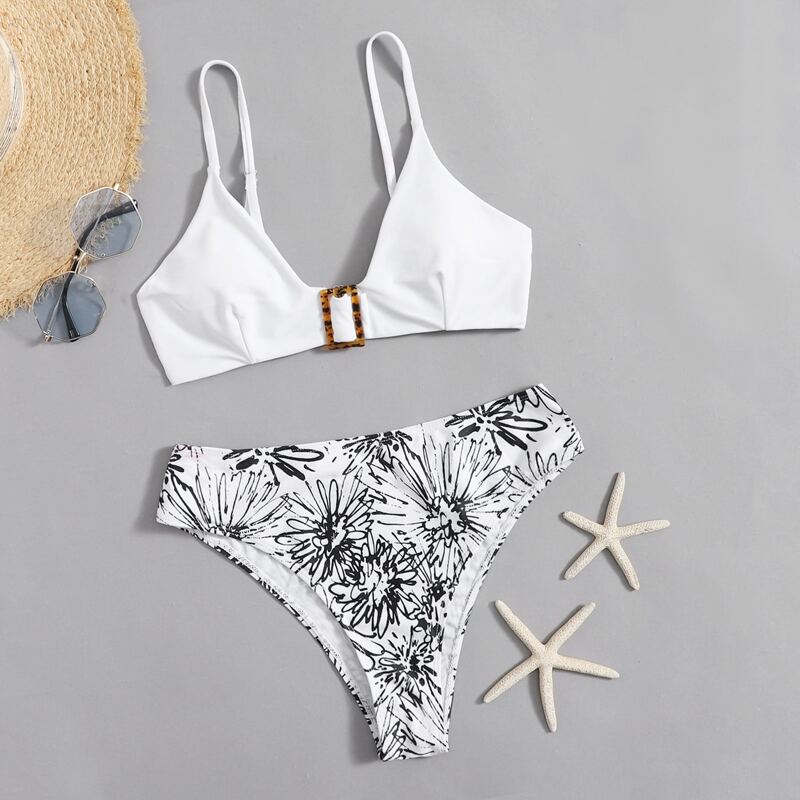 

Floral Rectangle Buckle Decor Bikini Swimsuit, Black and white