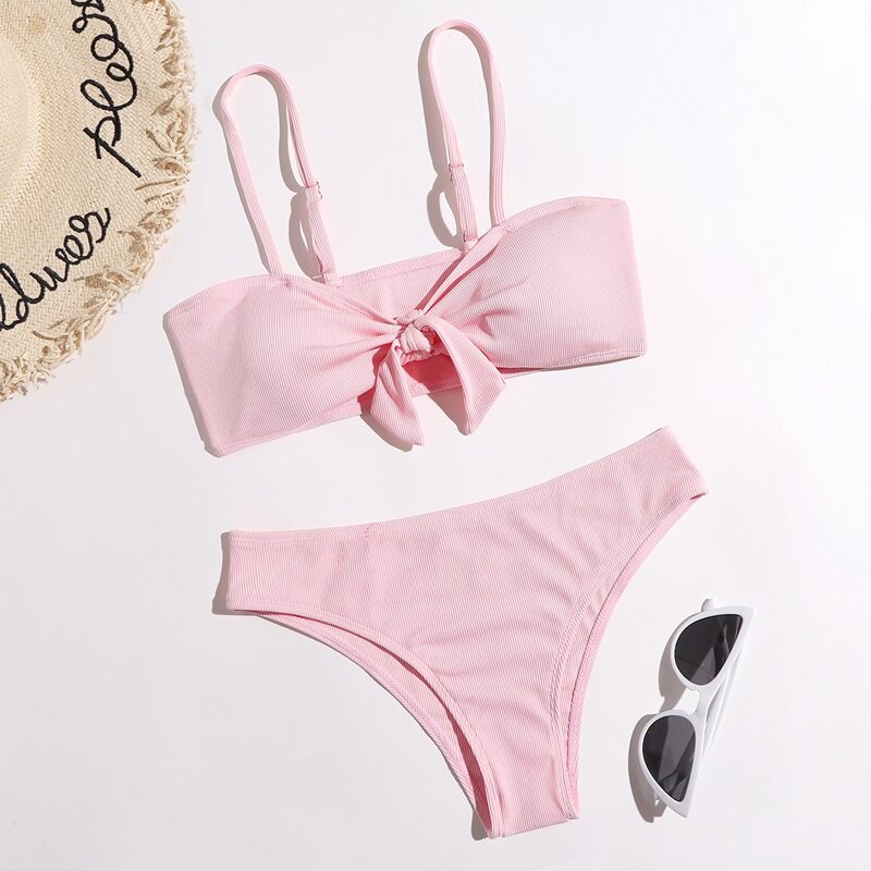 

Ribbed Knot Front Bikini Swimsuit, Baby pink