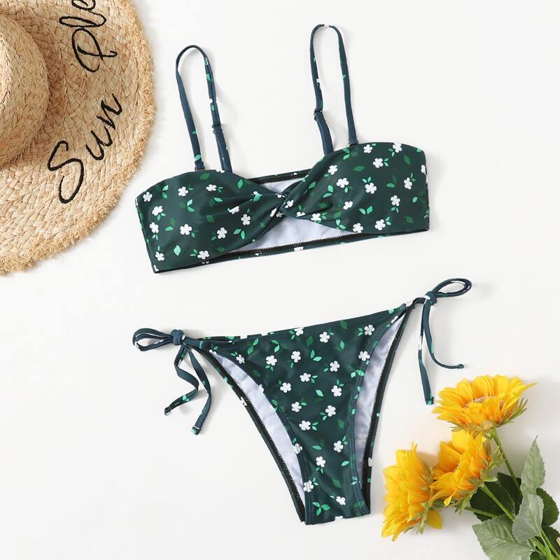 

Floral Tie Side Bikini Swimsuit, Multicolor
