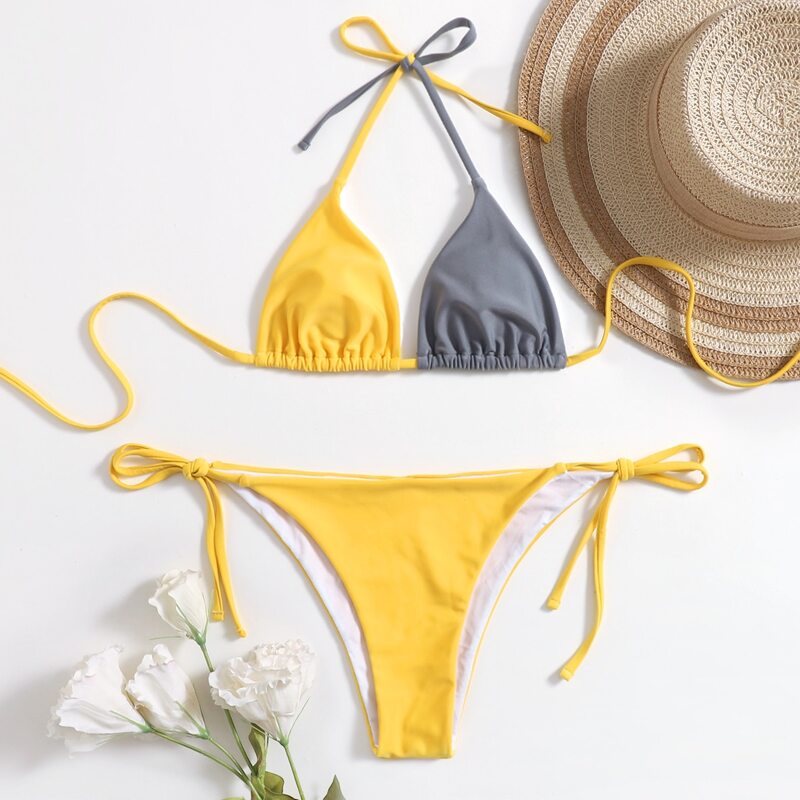 

Colorblock Halter Tie Side Bikini Swimsuit, Multicolor
