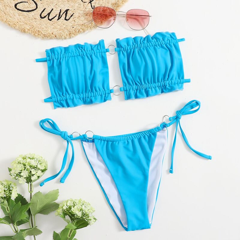 

Frill Trim Ring Decor Bikini Swimsuit, Blue