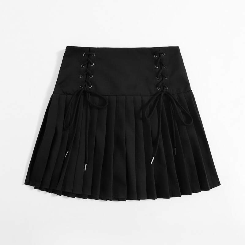 

Solid Lace Up Pleated Skirt, Black