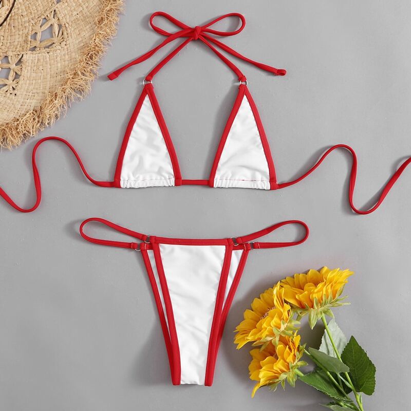 

Contrast Binding Triangle Thong Bikini Swimsuit, Red and white
