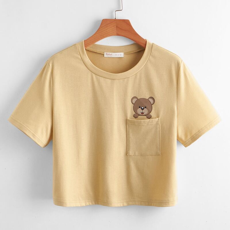 

Cartoon Bear Graphic Pocket Crop Tee, Khaki