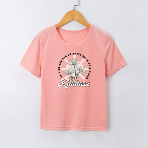 

Girls Floral And Slogan Graphic Tee, Coral pink