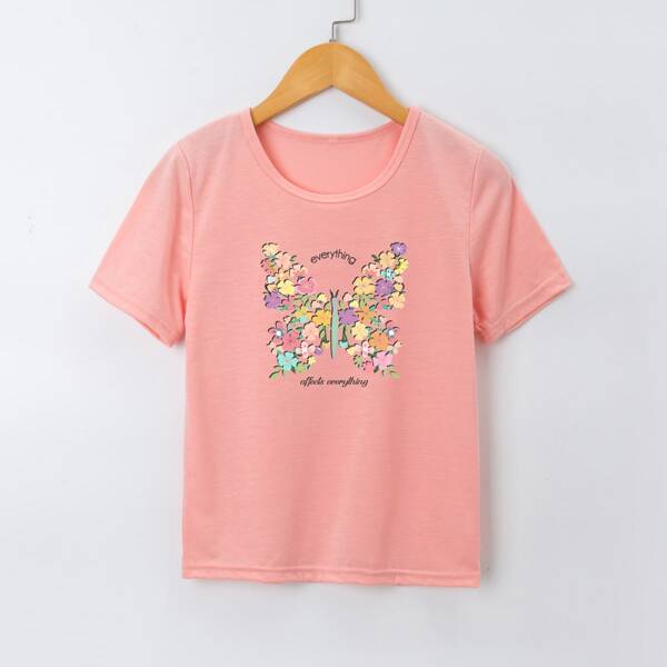 

Girls Butterfly & Floral Print Tee, Coral pink