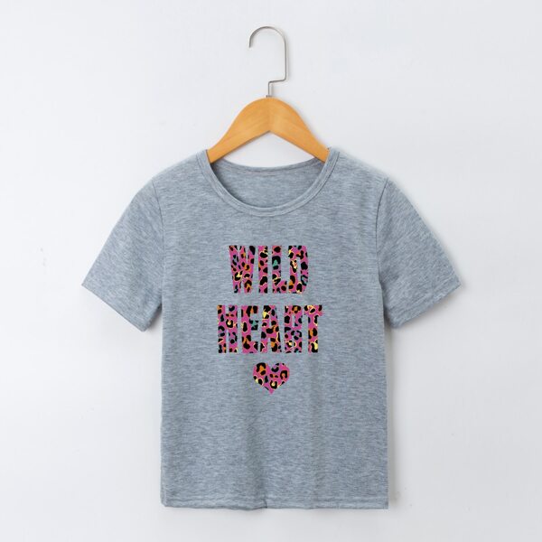 

Girls Letter & Heart Print Tee, Grey