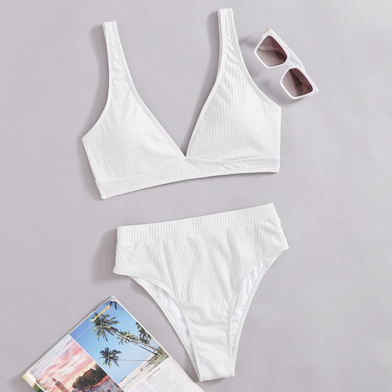 

Plain High Waist Bikini Swimsuit, White