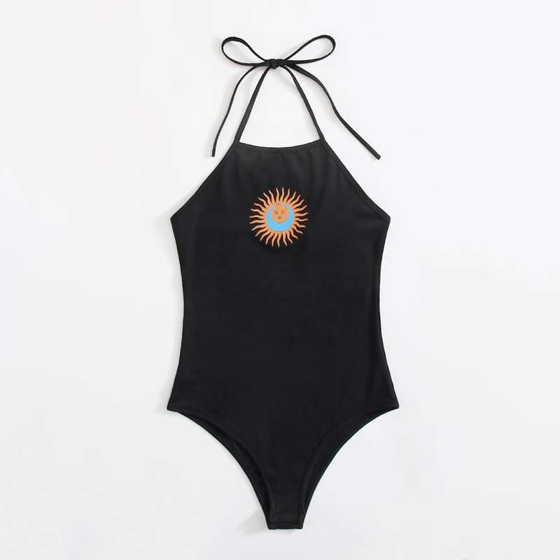 

Sun & Moon Graphic Halter Bodysuit, Black