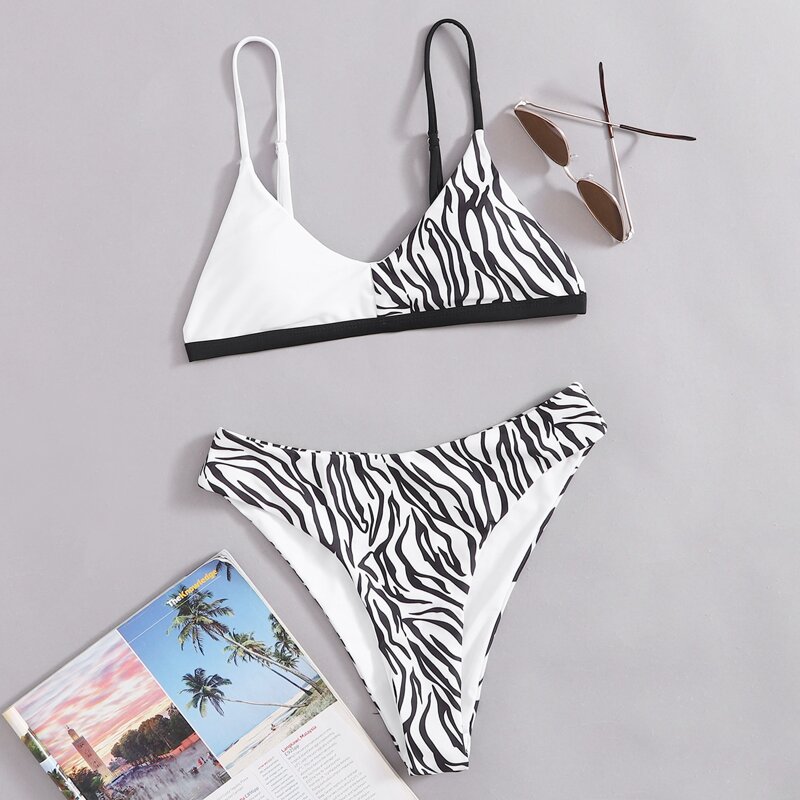 

Zebra Stripe High Waist Bikini Swimsuit, Black and white