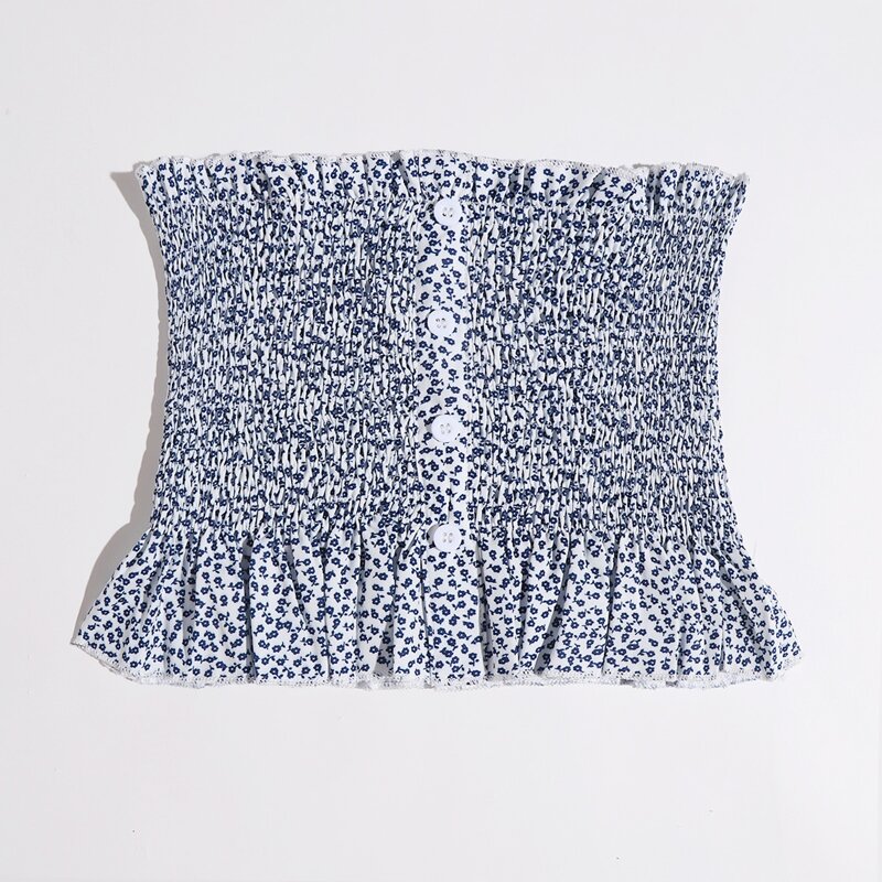 

Ditsy Flower Button Front Shirred Crop Tube Top, Blue and white