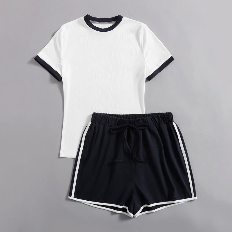 

Ringer Ribbed Tee & Tie Front Track Shorts, Navy blue