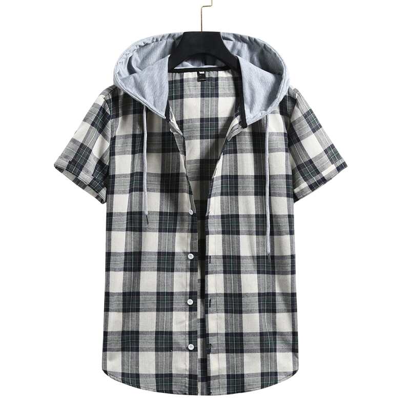 

Guys Plaid Button Front Drawstring Hooded Shirt, Black and white