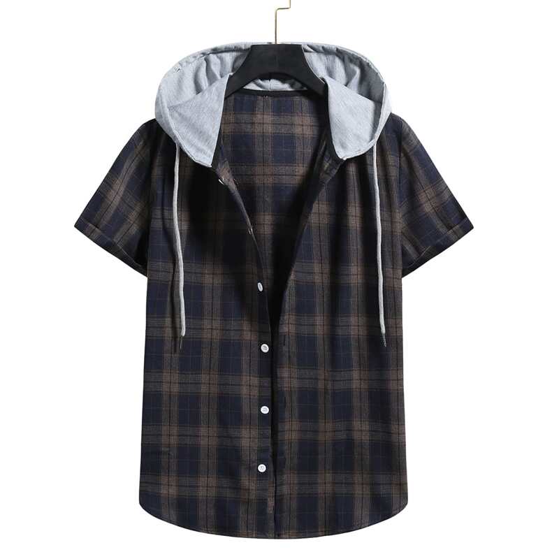 

Guys Plaid Button Front Drawstring Hooded Shirt, Navy blue