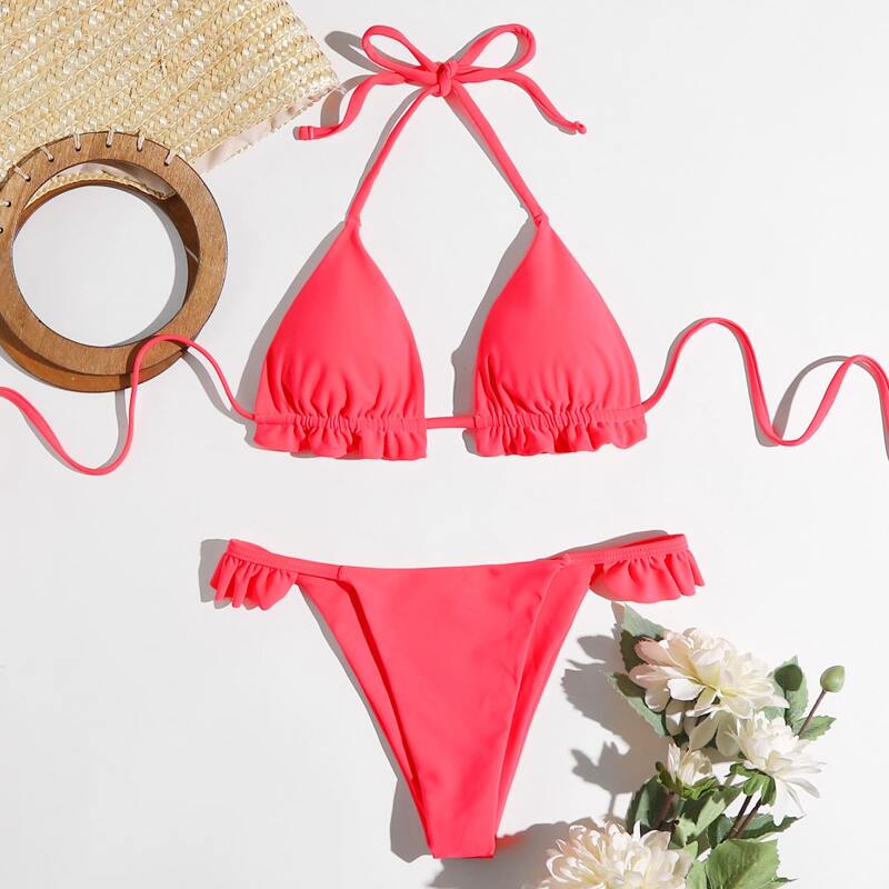 

Frill Trim Halter Bikini Swimsuit, Watermelon pink