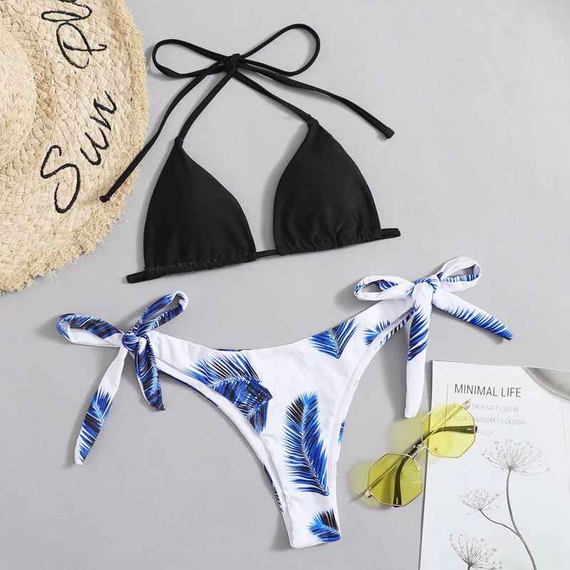 

Leaf Print Tie Side Bikini Swimsuit, Multicolor
