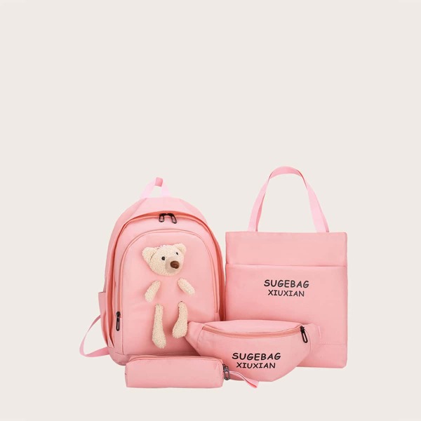 

4pcs Girls Cartoon Decor Backpack Set, Pink