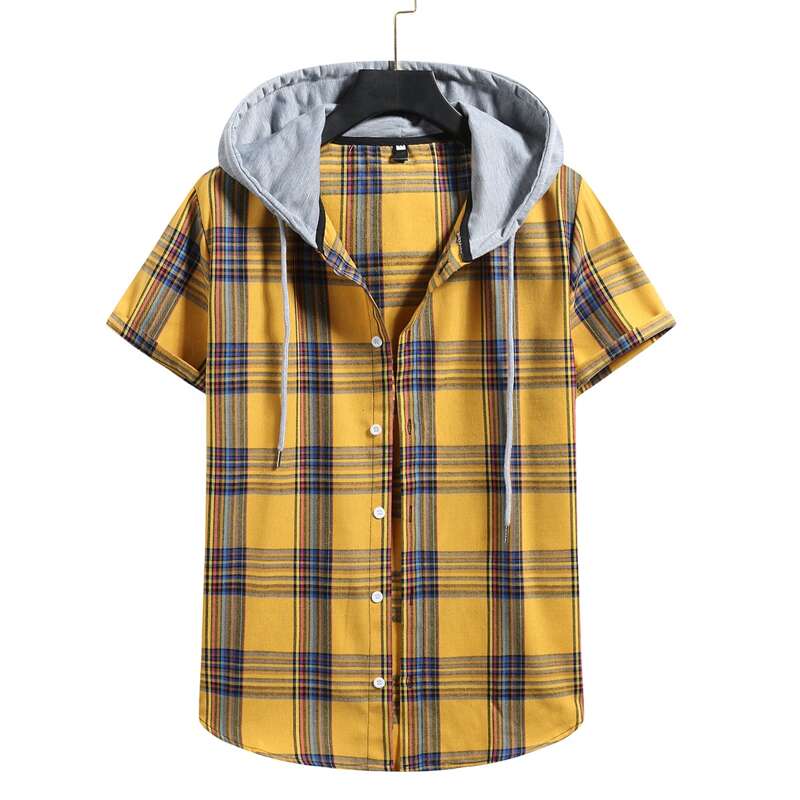 

Guys Plaid Button Front Drawstring Hooded Shirt, Yellow