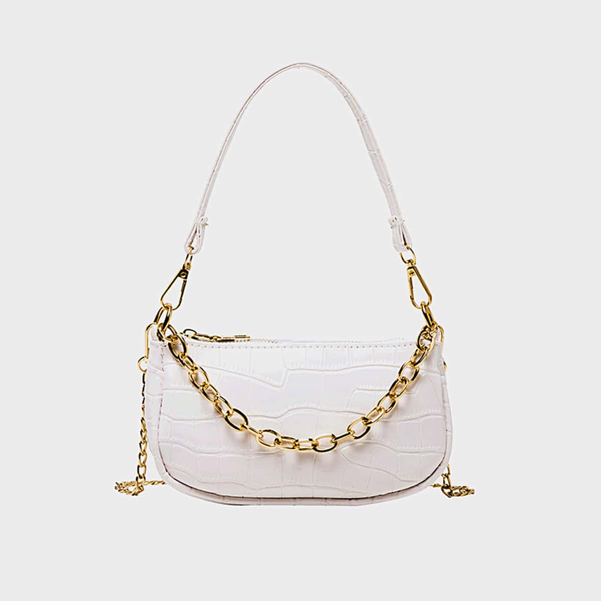 

Croc Embossed Chain Baguette Bag, White
