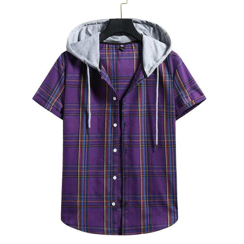 

Guys Plaid Button Front Drawstring Hooded Shirt, Purple