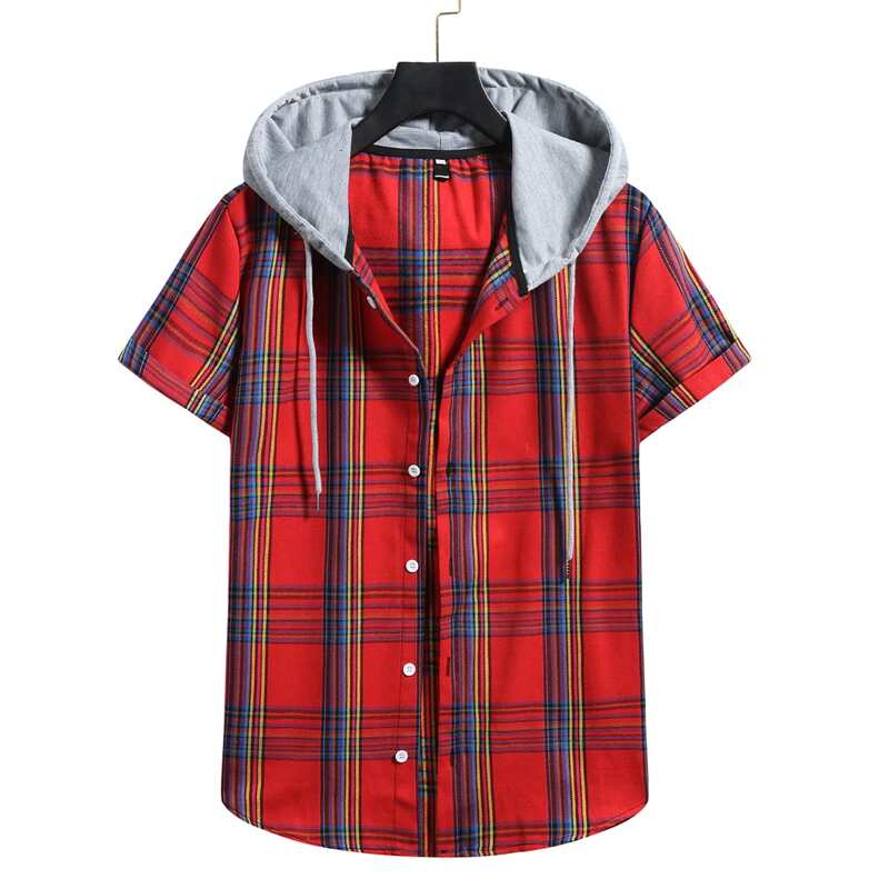 

Guys Tartan Button Front Drawstring Hooded Shirt, Red