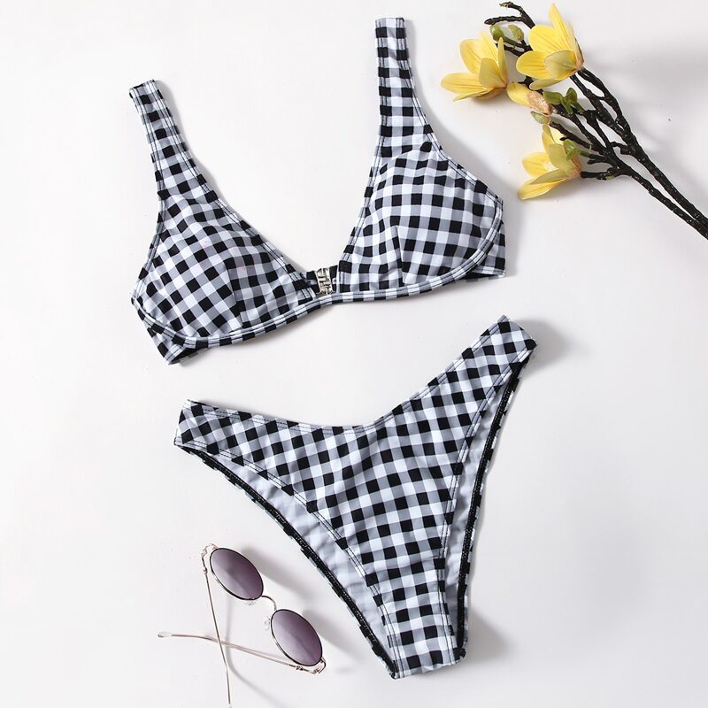 

Gingham High Leg Bikini Swimsuit, Black and white