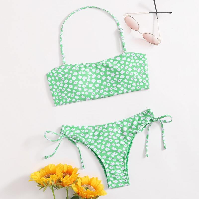 

Ditsy Floral Drawstring Side Bikini Swimsuit, Green