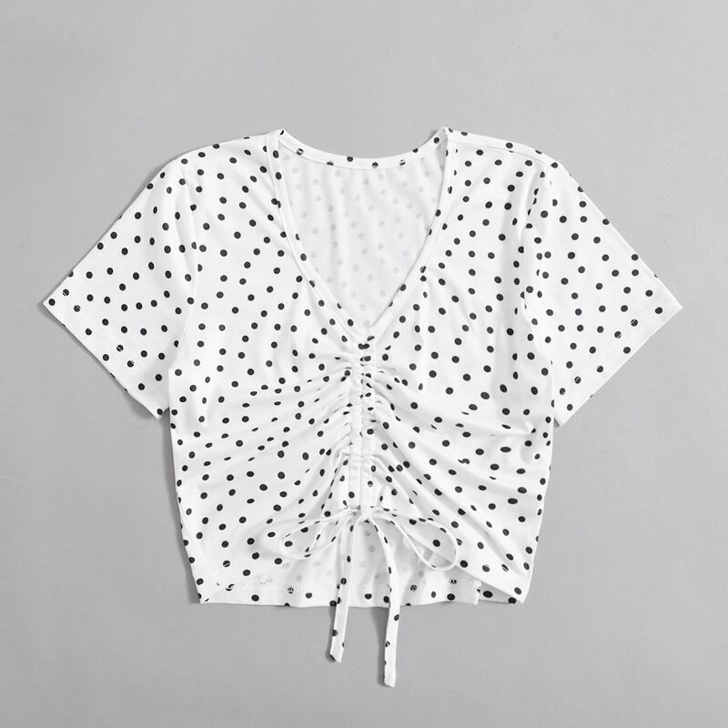 

Polka Dot Drawstring Crop Tee, Black and white