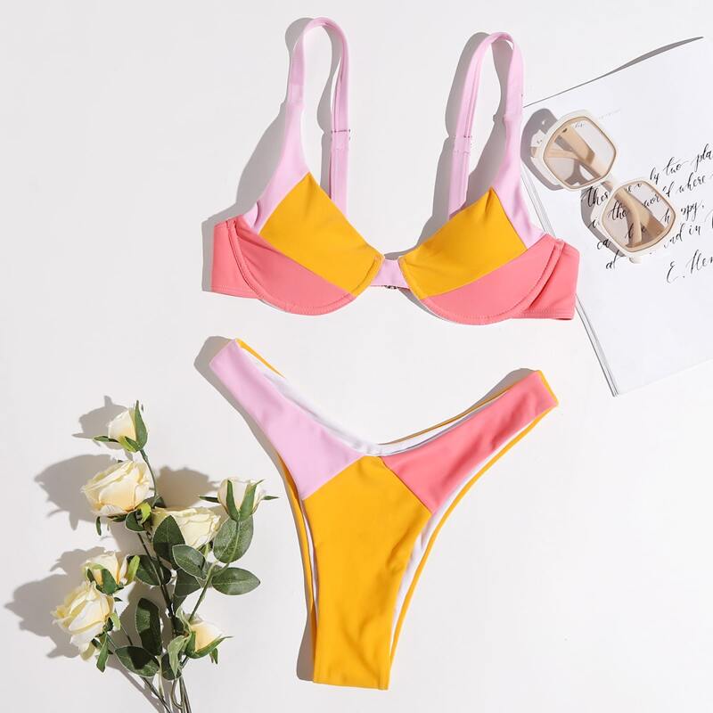 

Colorblock Underwire High Leg Bikini Swimsuit, Multicolor