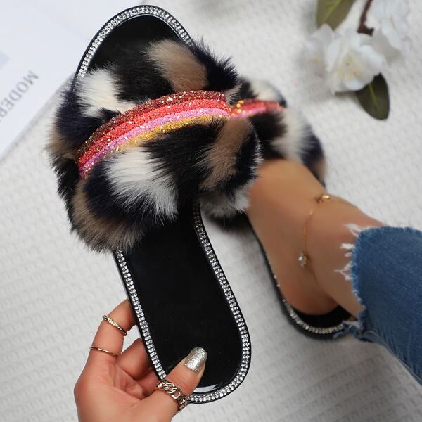 

Rhinestone Decor Fluffy Slides, Black