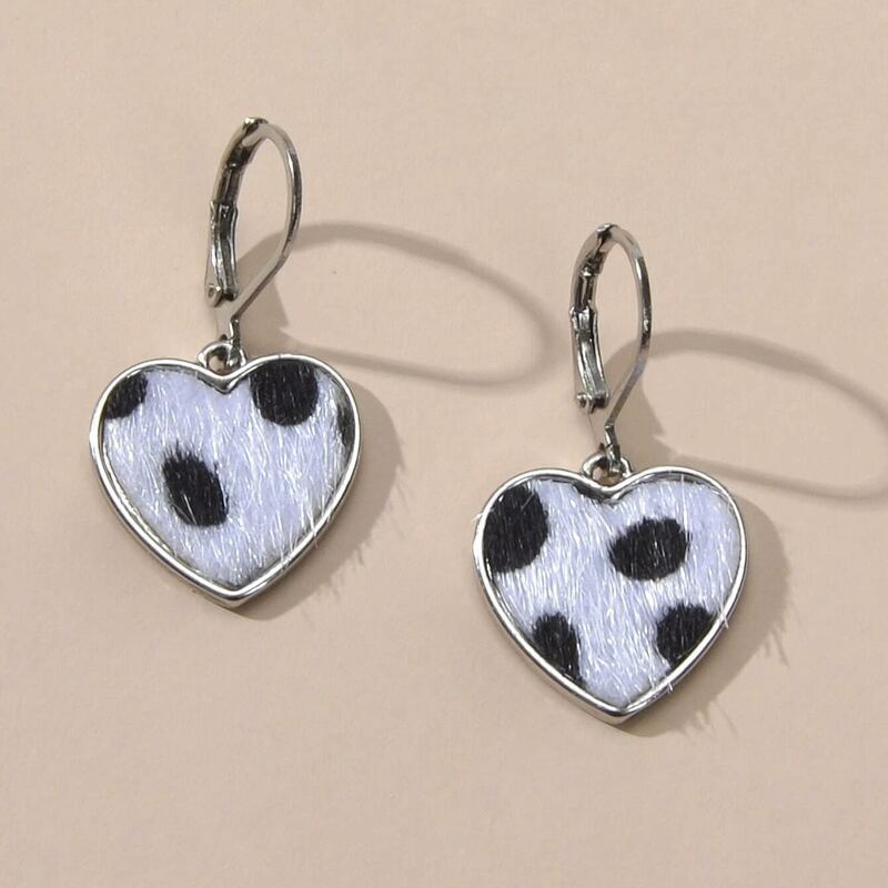 

Cow Print Heart Drop Earrings, Black and white