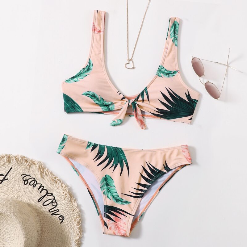 

Leaf Print Knot Bikini Swimsuit, Multicolor