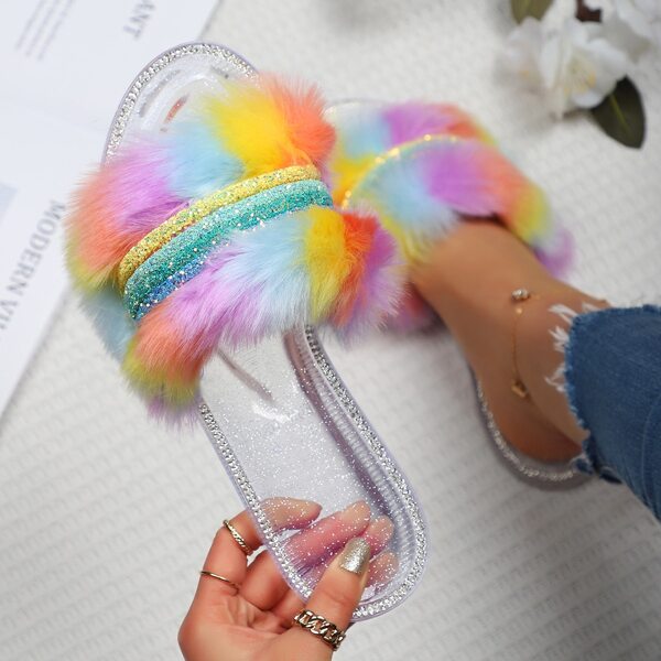 

Rhinestone Decor Fluffy Slides, Clear