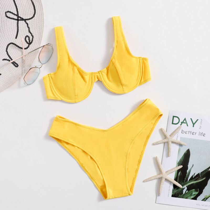 

Solid Underwire Bikini Swimsuit, Yellow