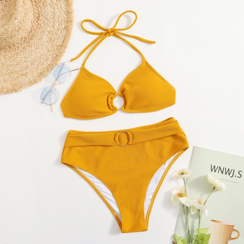 

Ring Linked High Waist Bikini Swimsuit, Mustard yellow