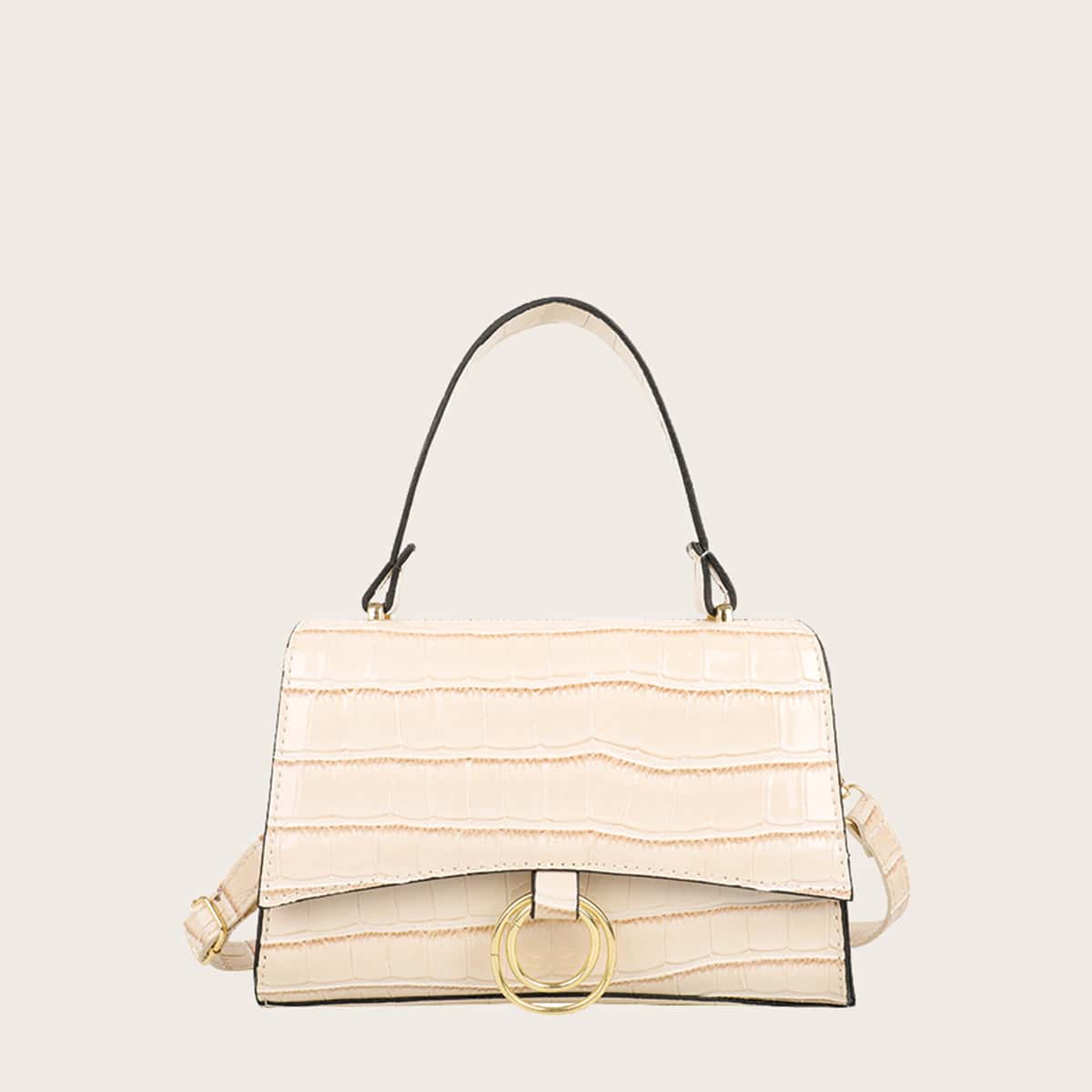 

Ring Decor Croc Embossed Satchel Bag, Beige
