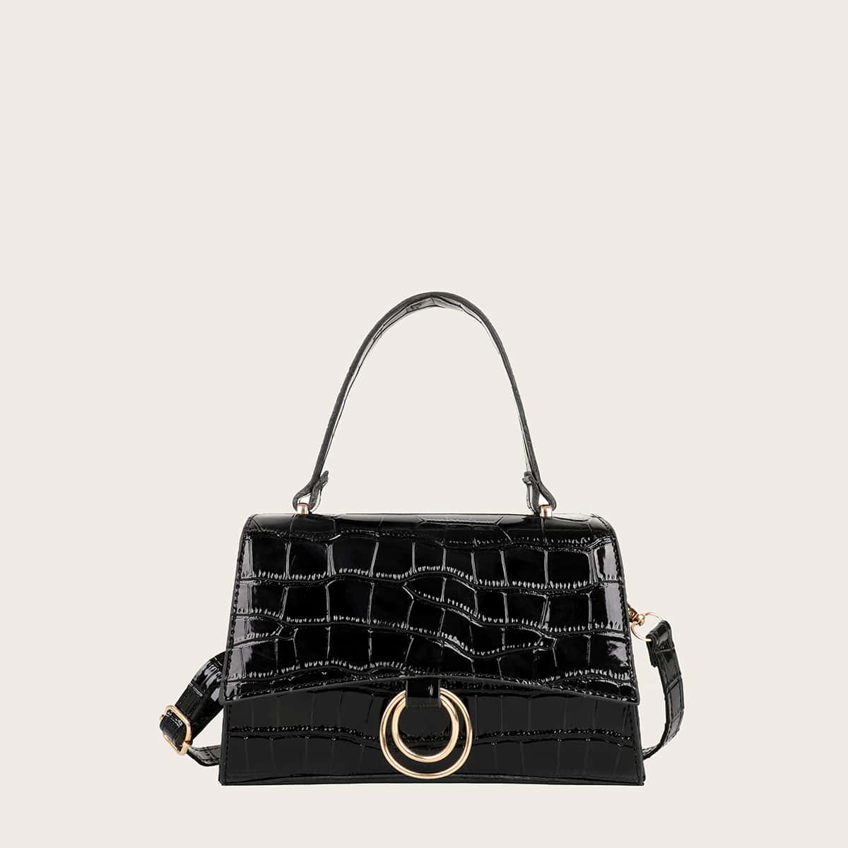

Ring Decor Croc Embossed Satchel Bag, Black