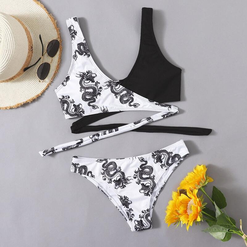 

Dragon Print Wrap Bikini Swimsuit, Black and white