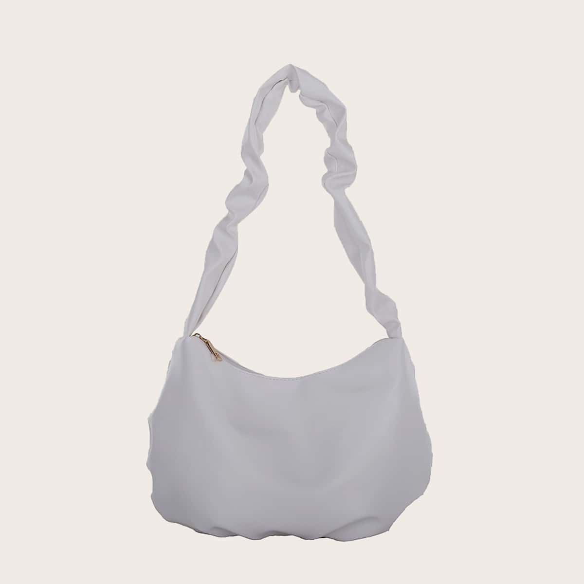 

Solid Ruched Strap Baguette Bag, White