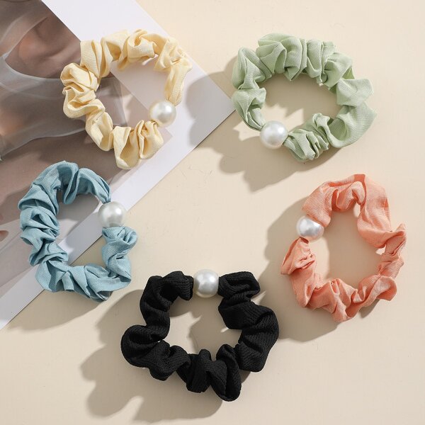 

5pcs Faux Pearl Decor Scrunchie, Multicolor