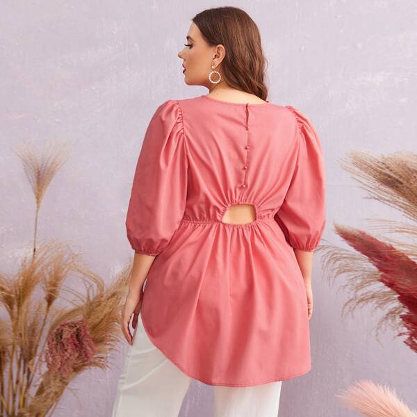 

Plus Lantern Sleeve Cutout Back High Low Belted Top, Watermelon pink