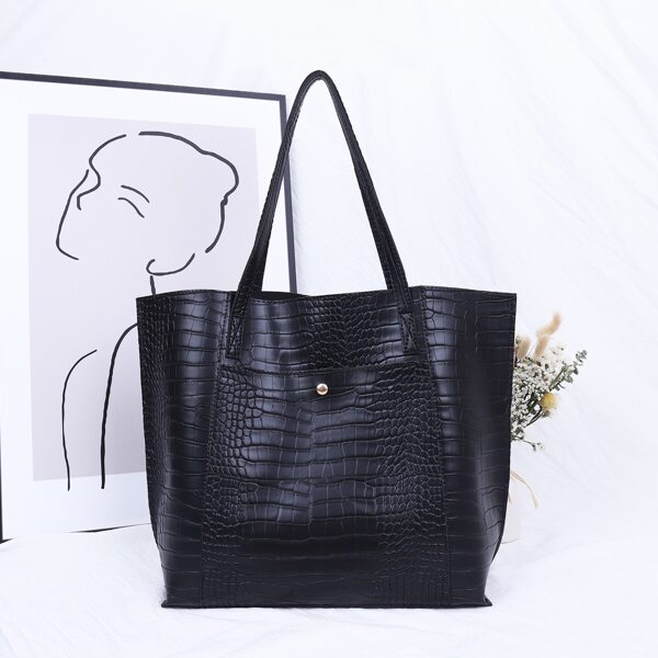 

Croc Embossed Shoulder Tote Bag, Black