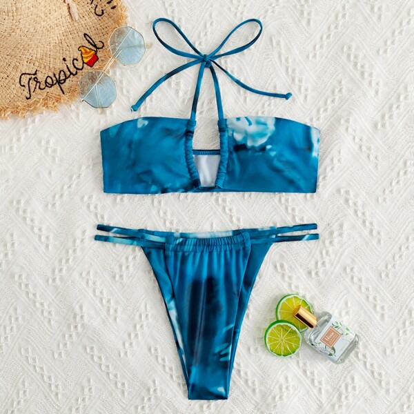 

Tie Dye Halter Thong Bikini Swimsuit, Blue