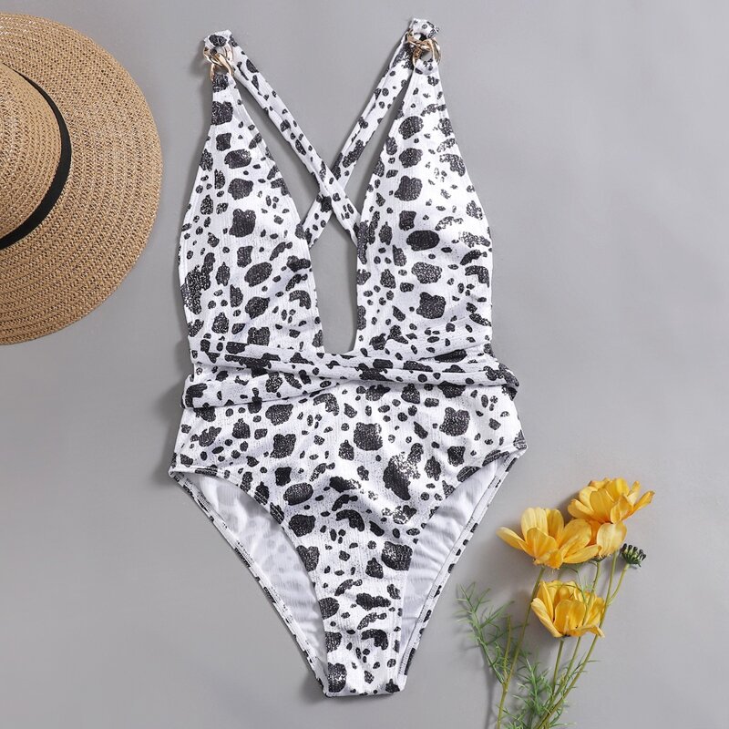 

Cow Print Criss Cross Chain Decor One Piece Swimsuit, Black and white