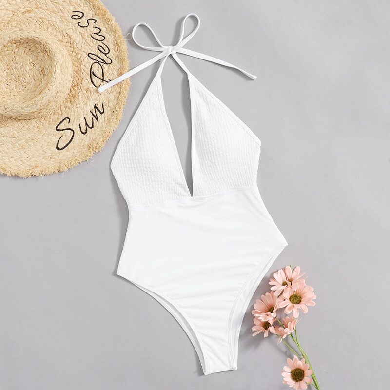 

Solid Halter One Piece Swimsuit, White
