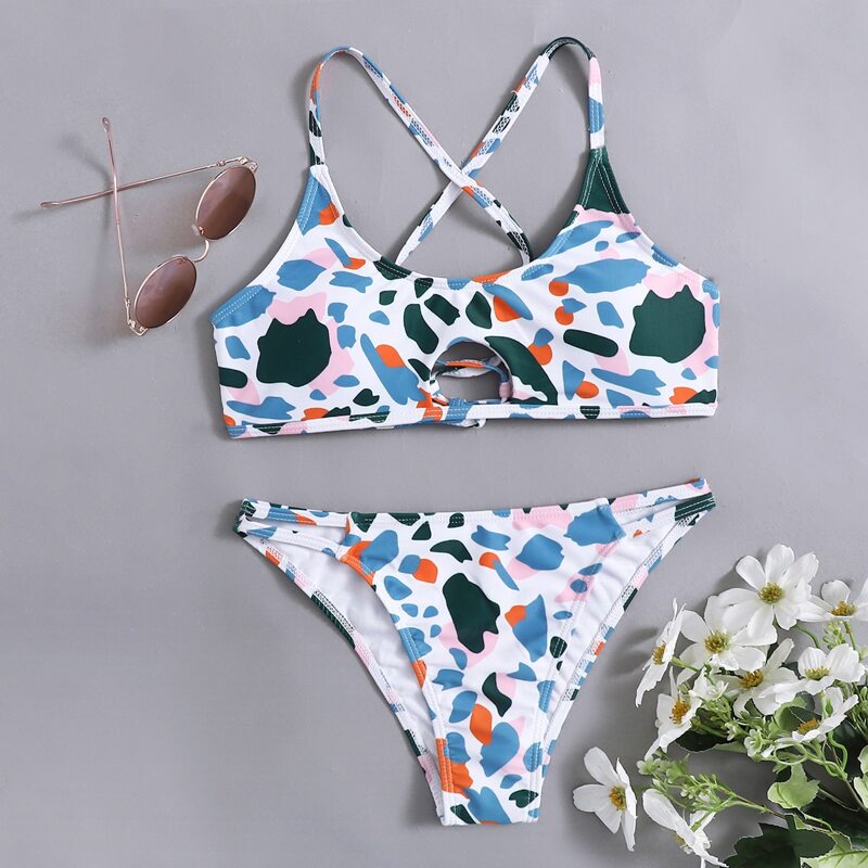 

Allover Print Lace-up Bikini Swimsuit, Multicolor