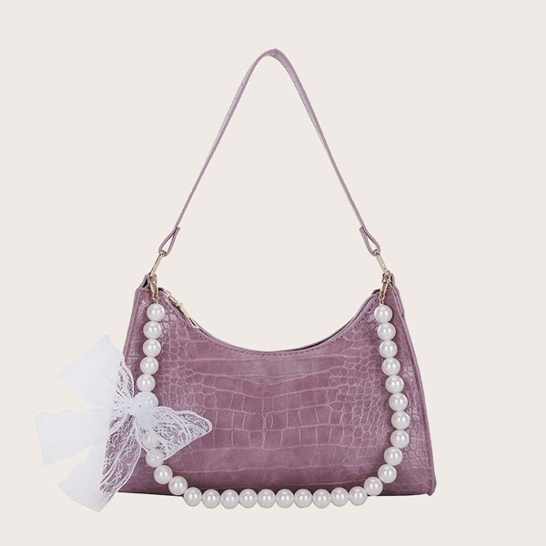 

Faux Pearl Beaded Decor Shoulder Bag, Mauve purple