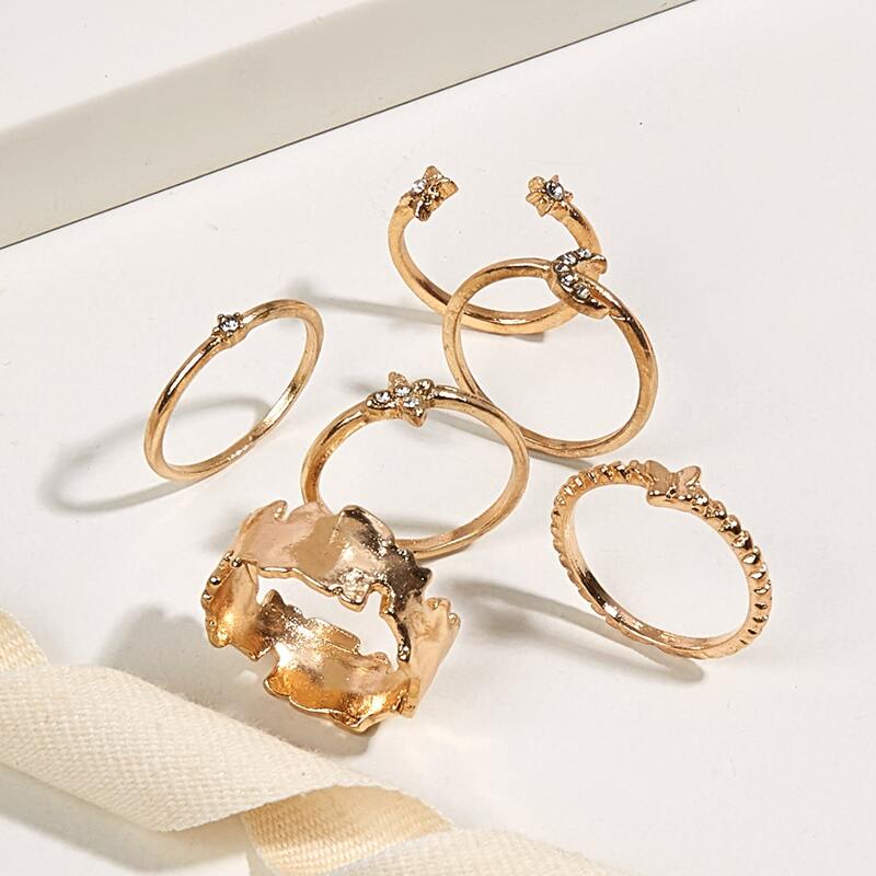 

6pcs Rhinestone Ring, Gold